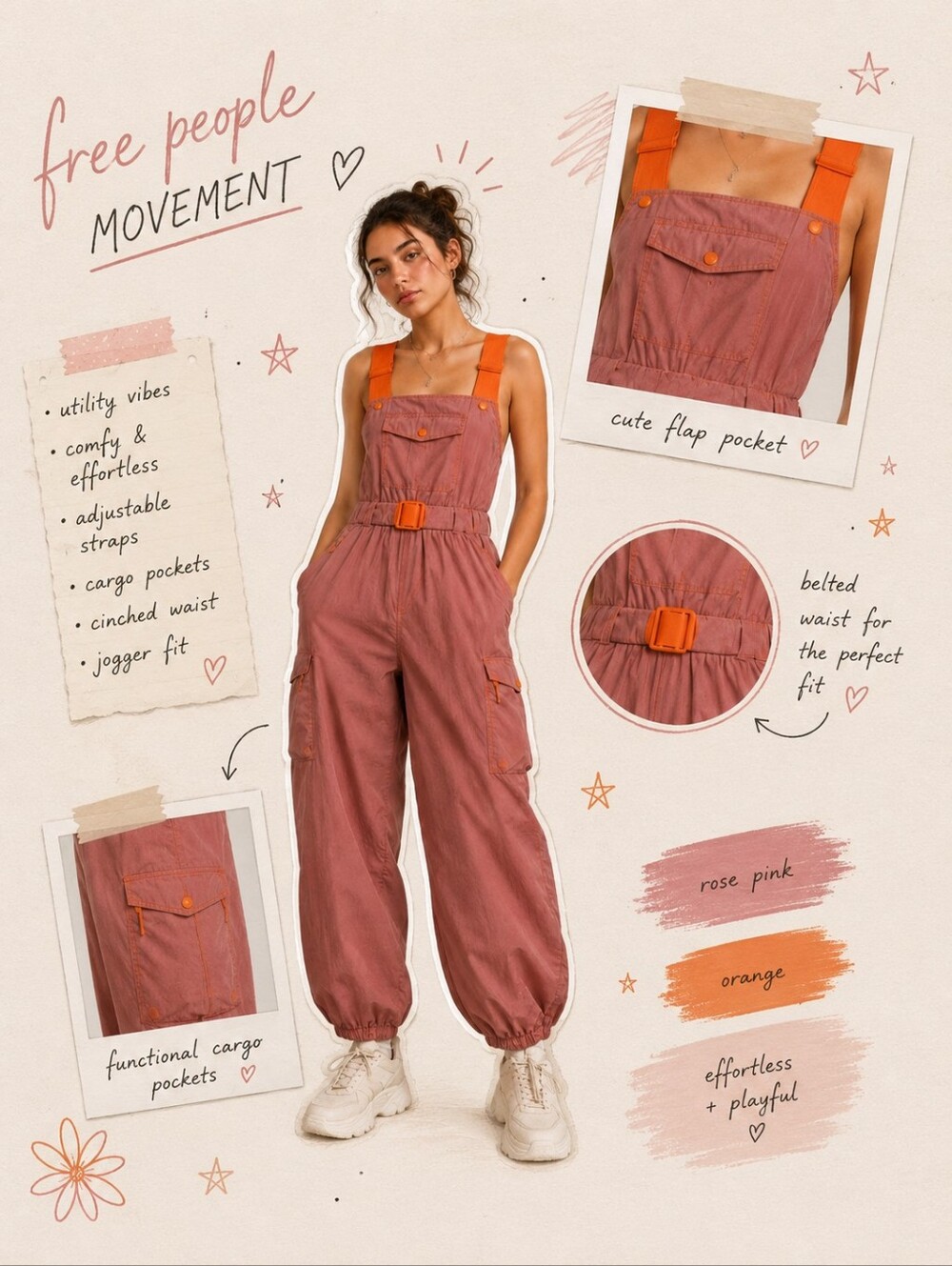 Free People Movement XS Utility Cargo Jumpsuit Rose Pink & Orange